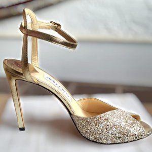 $775 JIMMY CHOO Sacora Glitter High Heels Shoes - MINT CONDITION 39.5